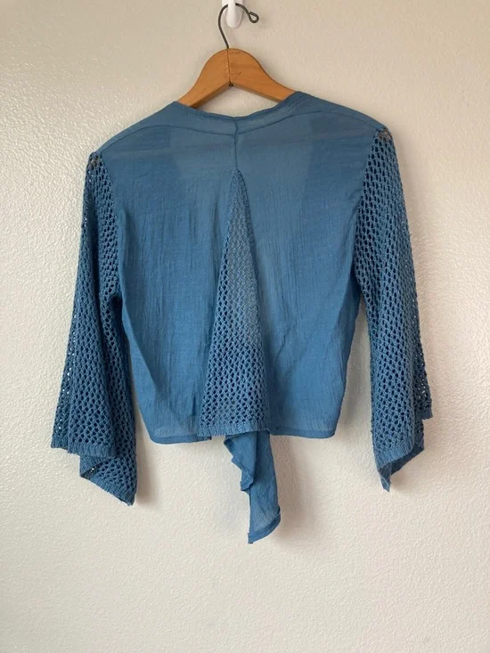 Elan Crochet Bell Sleeve Tie front gauze top Boho Vacation Beachy crop sz S - Picture 3 of 7